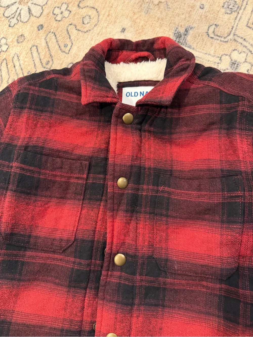 Old Navy Cream Sherpa-Lined Plaid Jacket with Red Trim